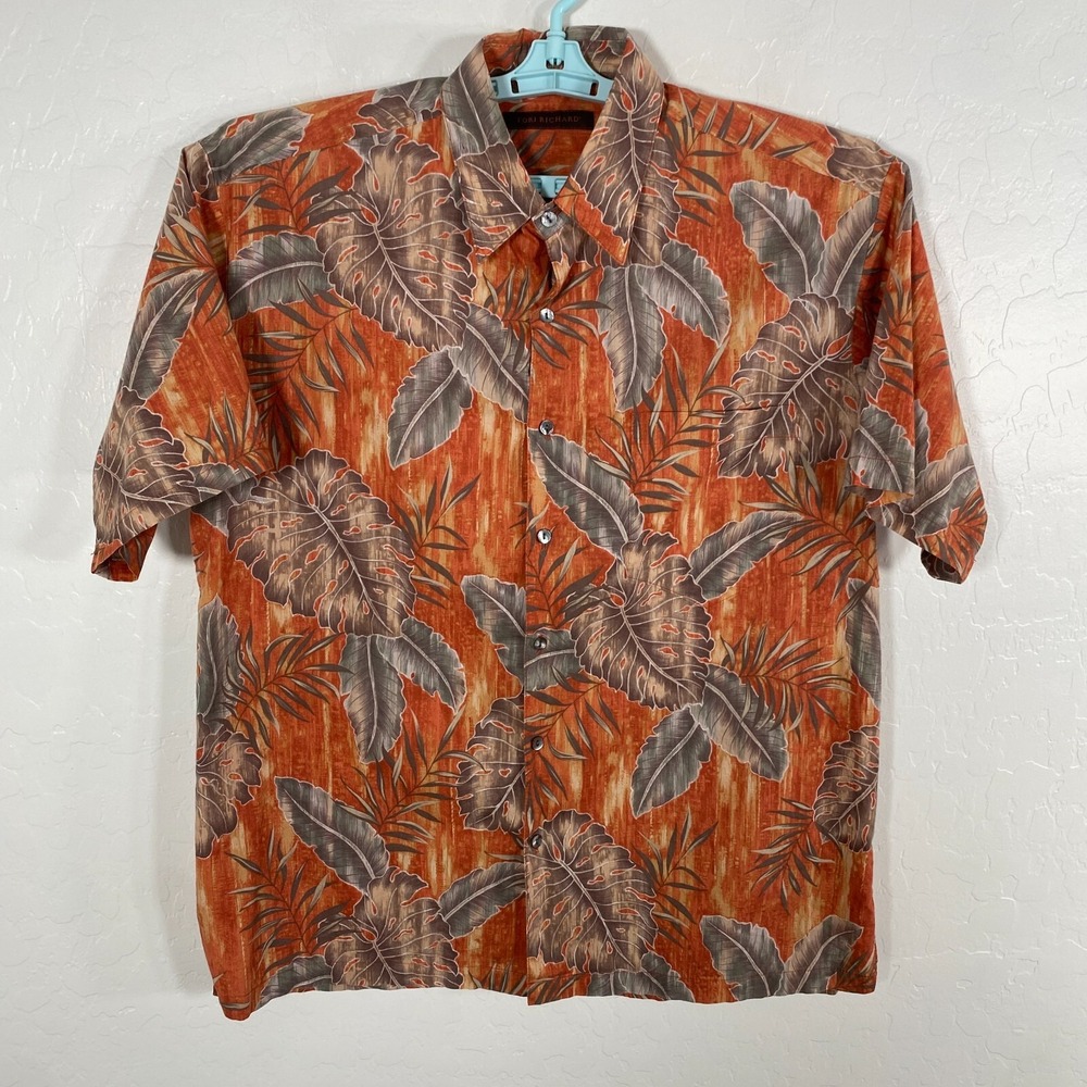 Tori Richard Shirt Mens Medium Orange Hawaiian Camp Cotton Lawn‎ Floral Aloha